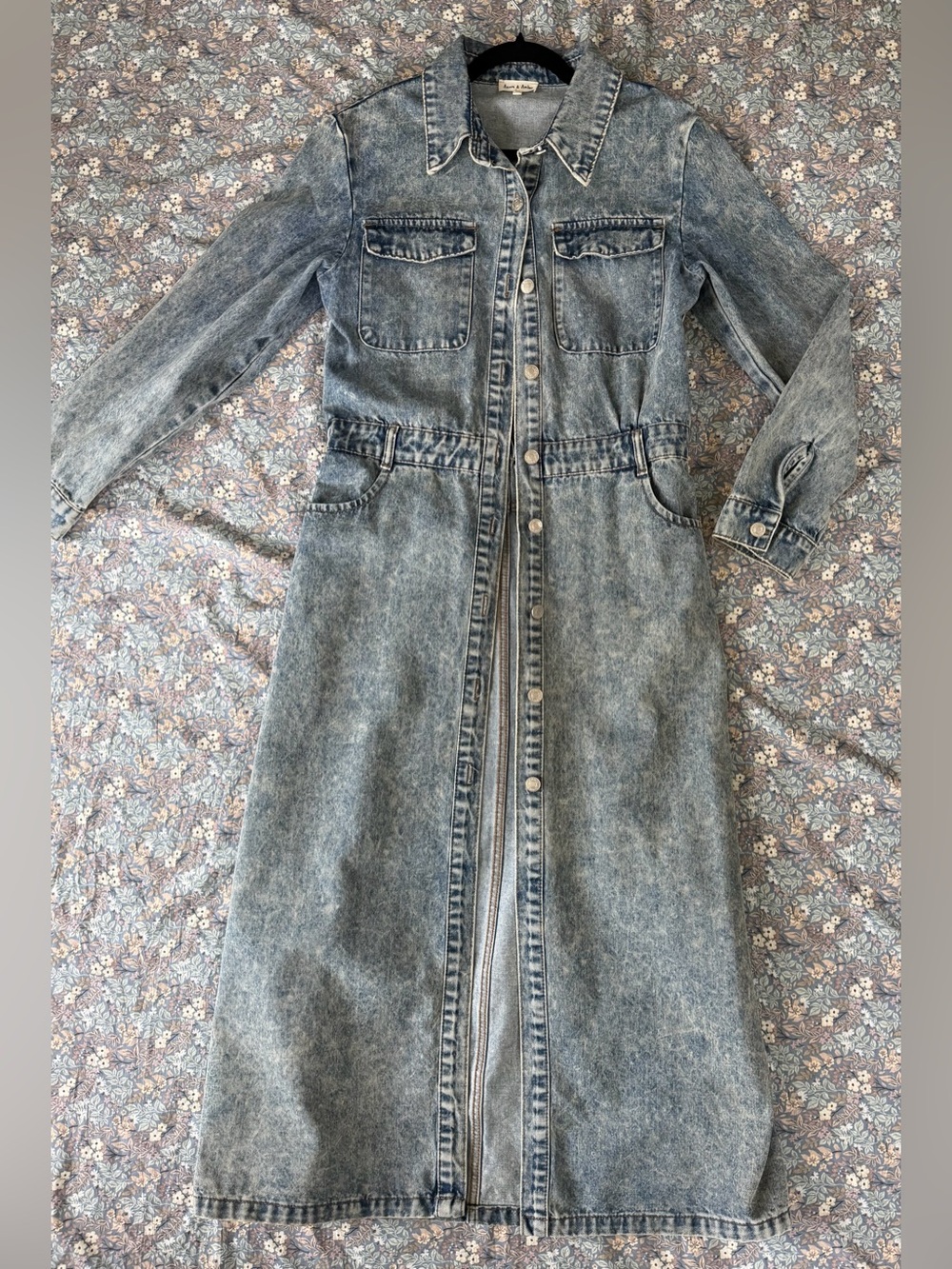 Aaron & Amber Long Button-Front Washed Denim Dress - Light Blue